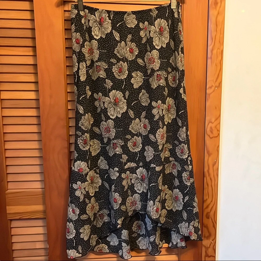 Dialogue Black Floral Ruffled Chiffon High/low Asymmetrical Elastic Skir… - Picture 1 of 5